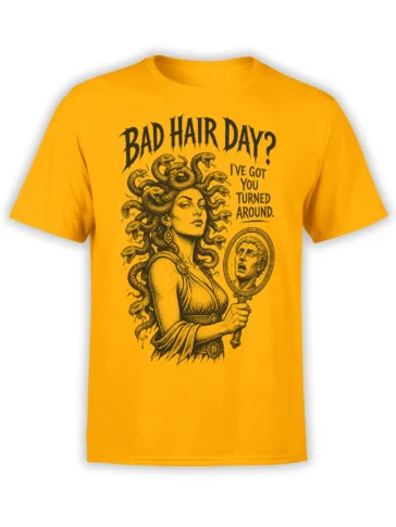 Orange Medusa T-shirt with snake hair, shocked mirror, and “Bad Hair Day?” vintage-style artwork