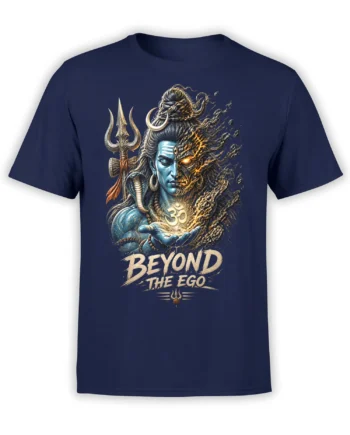 Shiva-inspired navy T-shirt with blue and fiery deity portrait, trident, serpent, Om symbol, and Beyond the Ego text