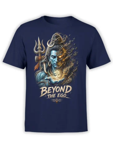 Shiva-inspired navy T-shirt with blue and fiery deity portrait, trident, serpent, Om symbol, and Beyond the Ego text