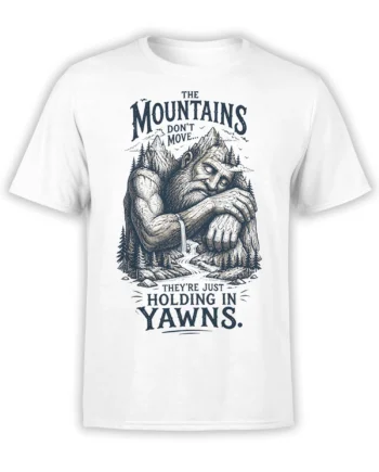 White mountain t-shirt with a sleepy bearded giant, pine trees, peaks, and a vintage yawning slogan