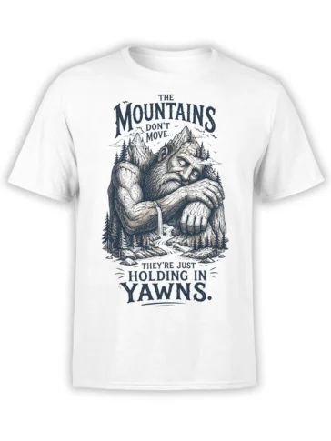 White mountain t-shirt with a sleepy bearded giant, pine trees, peaks, and a vintage yawning slogan