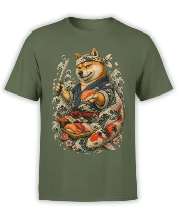Green T-shirt with a samurai dog holding sushi and a sword among koi fish and curling ocean waves