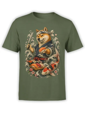 Green T-shirt with a samurai dog holding sushi and a sword among koi fish and curling ocean waves