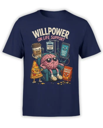 Funny brain T-shirt with coffee, dopamine drip, pizza, snacks, and endless scrolling on navy fabric