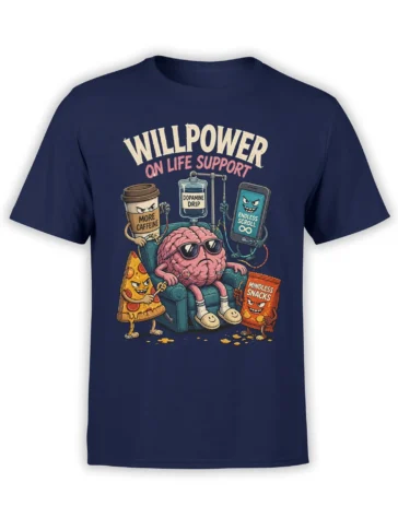Funny brain T-shirt with coffee, dopamine drip, pizza, snacks, and endless scrolling on navy fabric