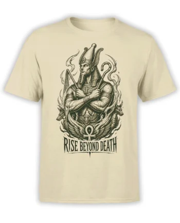 Beige Egyptian-inspired T-shirt with central figure, jackal guardians, ankh, and Rise Beyond Death text