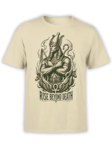 Beige Egyptian-inspired T-shirt with central figure, jackal guardians, ankh, and Rise Beyond Death text