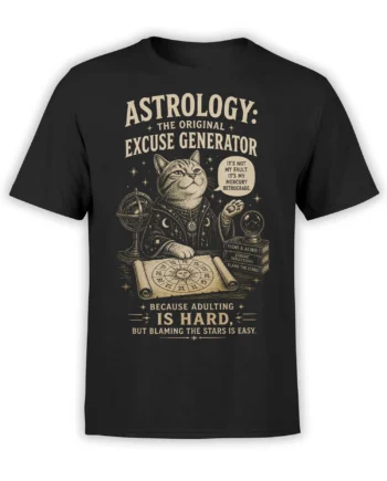 Black astrology T-shirt with a vintage cat astrologer, zodiac chart, crystal ball, and Mercury retrograde humor