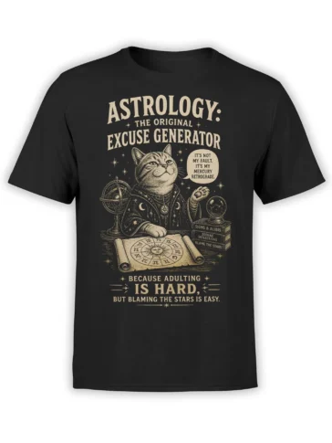 Black astrology T-shirt with a vintage cat astrologer, zodiac chart, crystal ball, and Mercury retrograde humor
