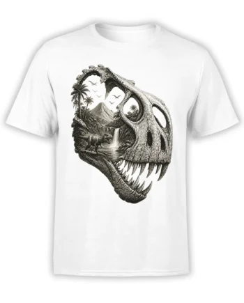 White dinosaur skull T-shirt featuring a tropical prehistoric landscape, volcano, waterfall, palm trees, and a small dinosaur