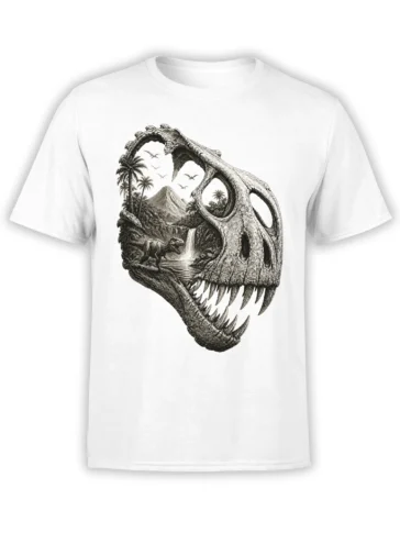 White dinosaur skull T-shirt featuring a tropical prehistoric landscape, volcano, waterfall, palm trees, and a small dinosaur