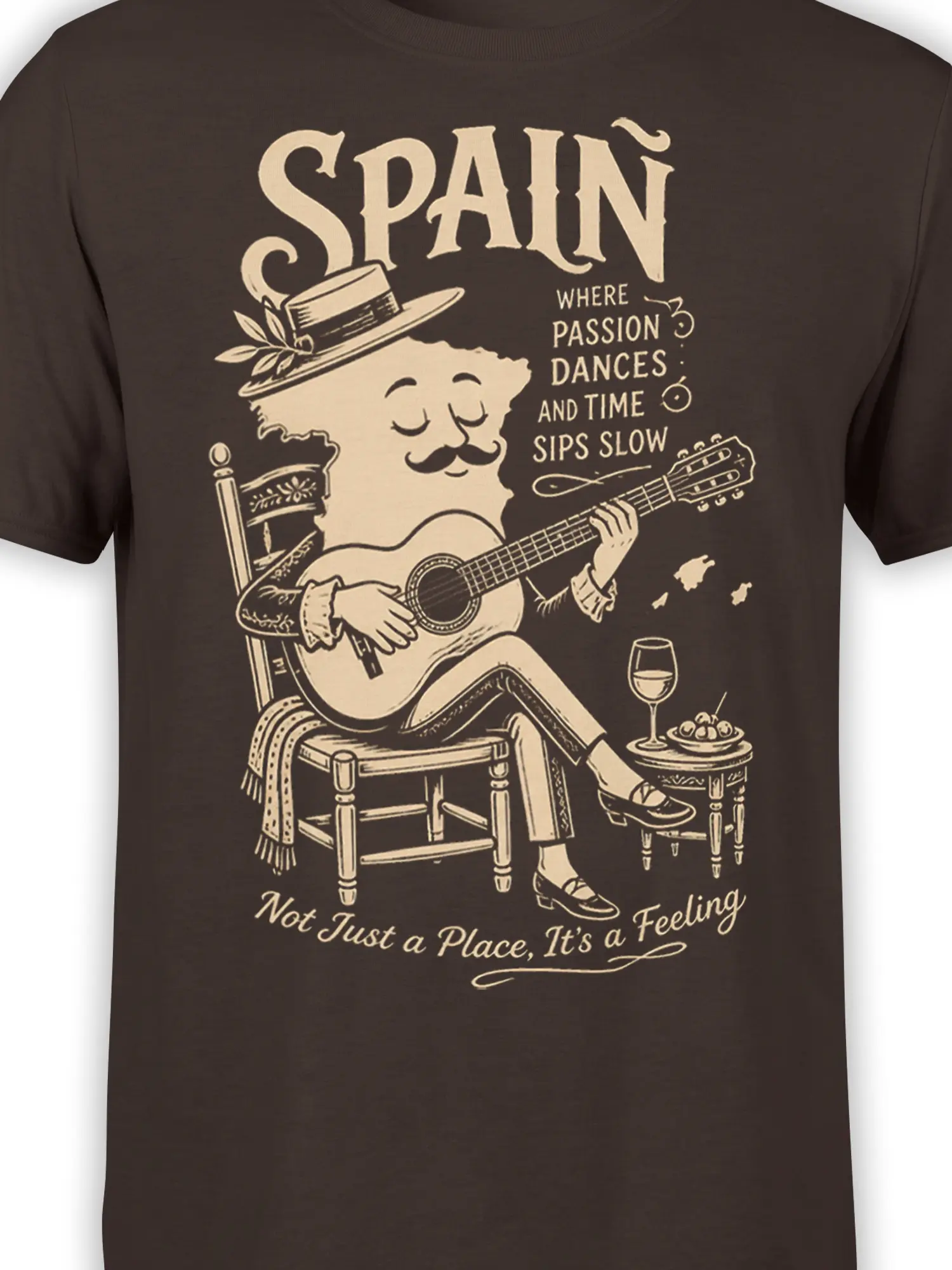 Close-up of Spain guitarist artwork, acoustic guitar, wine, tapas, and cream text on brown fabric