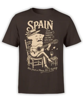 Brown Spain T-shirt with a mustached guitarist, wine glass, tapas, and vintage cream lettering