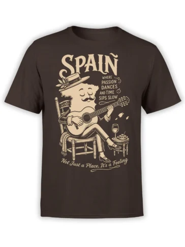 Brown Spain T-shirt with a mustached guitarist, wine glass, tapas, and vintage cream lettering