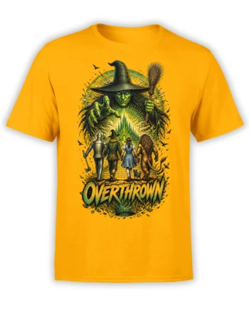 Orange fantasy T-shirt with witch, armored warrior, travelers, lion companion, and OVERTHROWN artwork