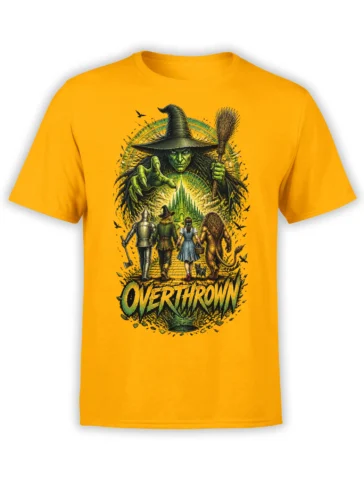 Orange fantasy T-shirt with witch, armored warrior, travelers, lion companion, and OVERTHROWN artwork