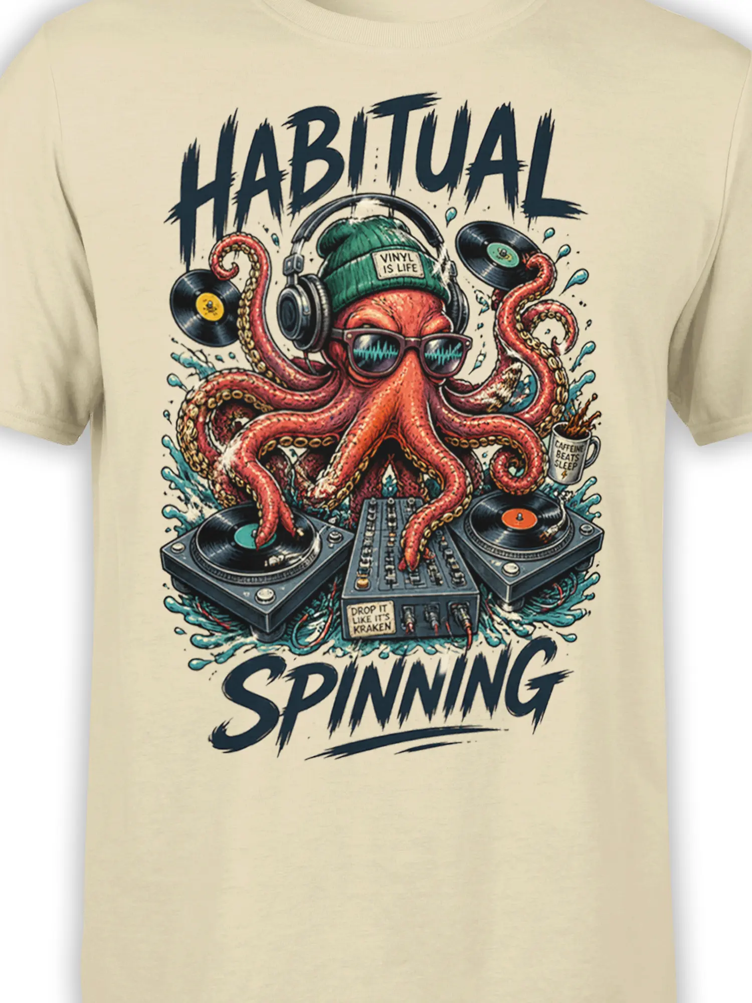 Close-up of octopus DJ artwork with turntables, vinyl records, headphones, and colorful vintage details