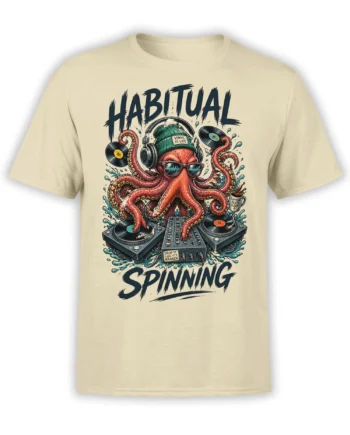 Beige octopus DJ T-shirt with vinyl records, turntables, headphones, and HABITUAL SPINNING text