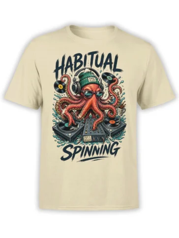Beige octopus DJ T-shirt with vinyl records, turntables, headphones, and HABITUAL SPINNING text
