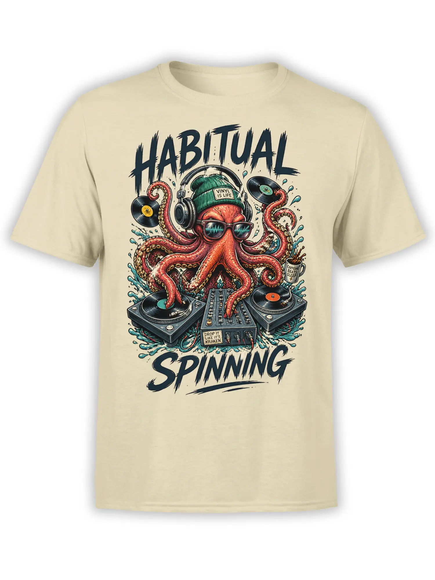 Beige octopus DJ T-shirt with vinyl records, turntables, headphones, and HABITUAL SPINNING text