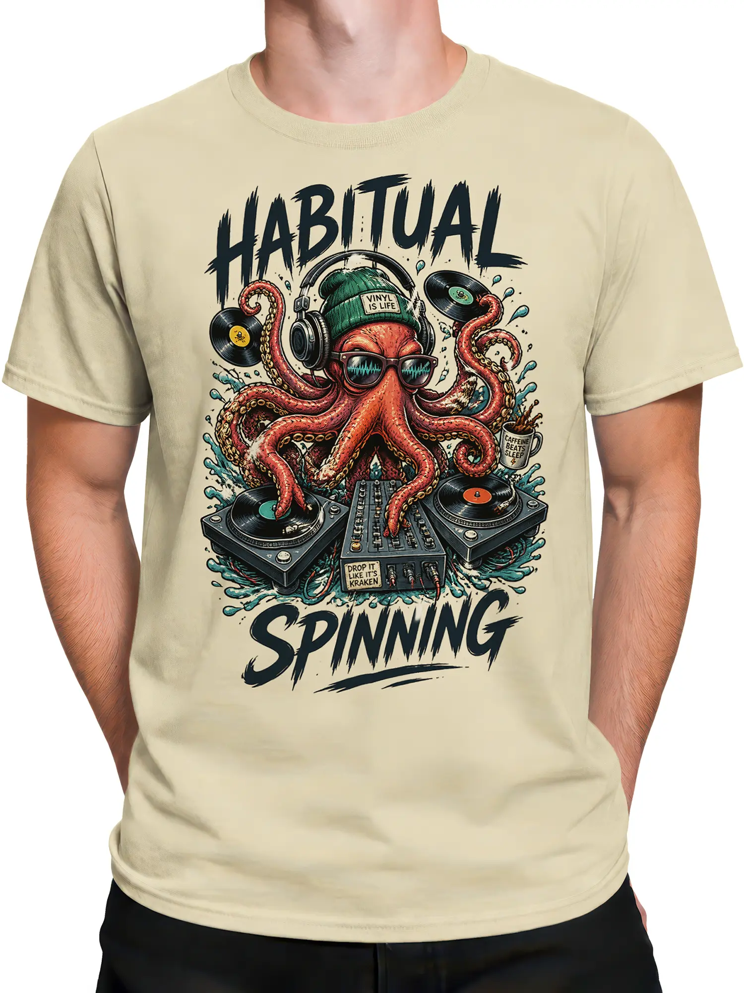 Male torso wearing a beige vinyl octopus T-shirt with turntables and vintage music artwork