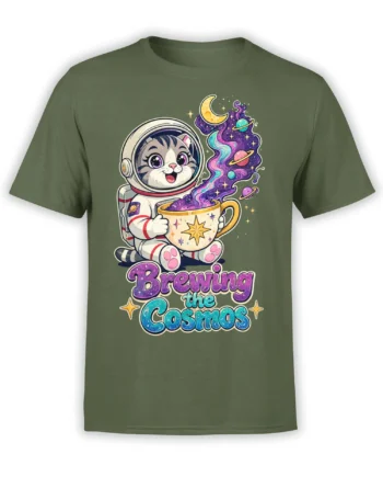 Green cat t-shirt with an astronaut cat brewing a colorful cosmos in a starry mug