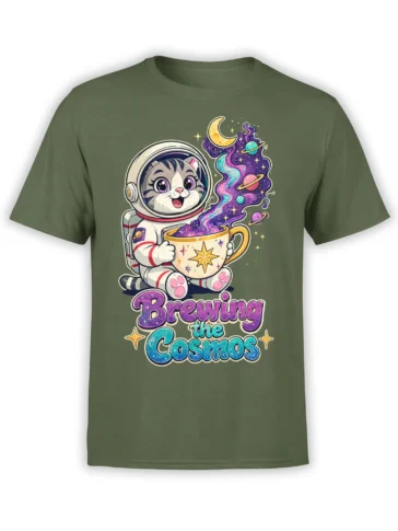 Green cat t-shirt with an astronaut cat brewing a colorful cosmos in a starry mug
