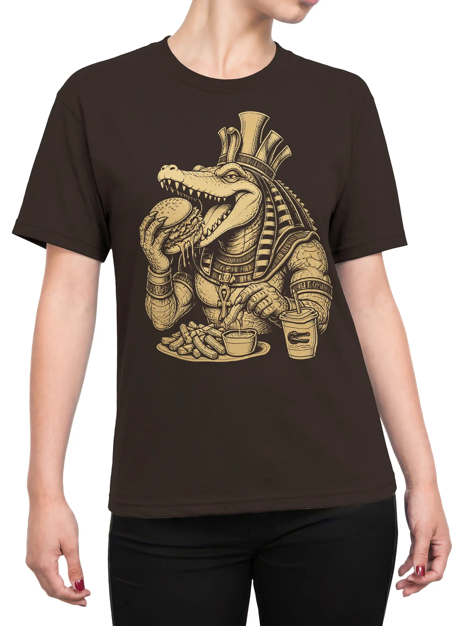 Female torso wearing a brown crocodile pharaoh T-shirt with burger and fries artwork