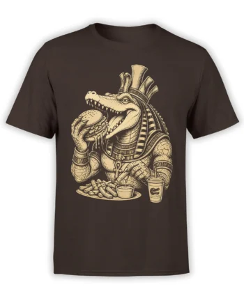 Egyptian crocodile pharaoh eating a burger with fries and drinks on a brown graphic T-shirt
