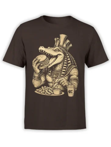 Egyptian crocodile pharaoh eating a burger with fries and drinks on a brown graphic T-shirt