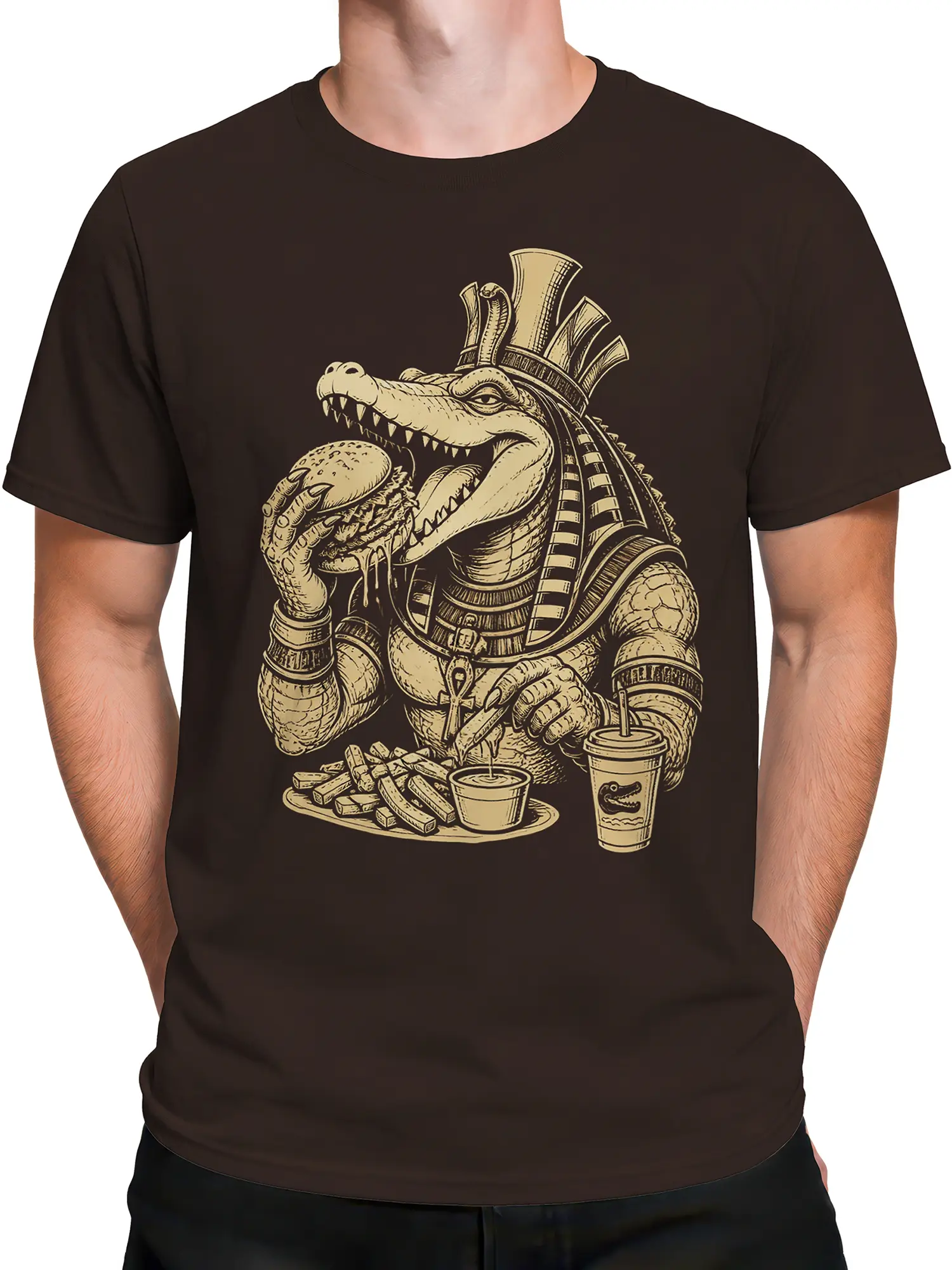 Male torso wearing a brown crocodile pharaoh T-shirt with vintage food artwork