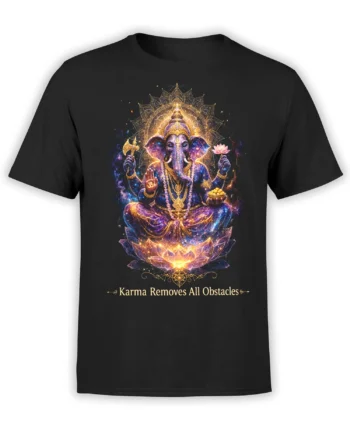 Cosmic Ganesha Hindu design with lotus, Om symbol, and karma message on a black T-shirt