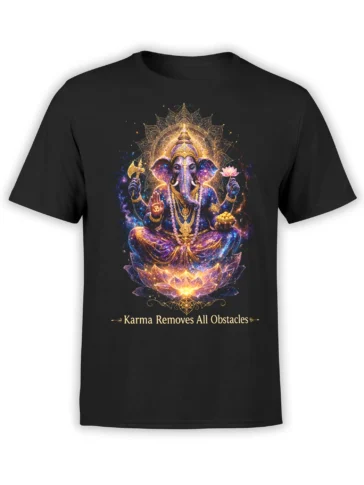 Cosmic Ganesha Hindu design with lotus, Om symbol, and karma message on a black T-shirt