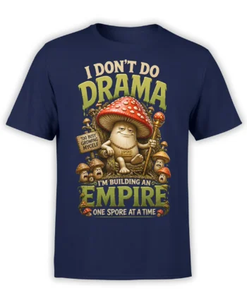 Illustrated mushroom ruler with angry fungi and empire slogan on a navy mushroom t-shirt