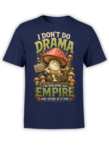 Illustrated mushroom ruler with angry fungi and empire slogan on a navy mushroom t-shirt