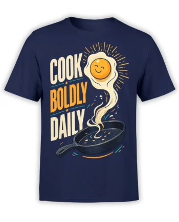 Navy cooking T-shirt with smiling fried egg, steaming skillet, and “Cook Boldly Daily” retro design