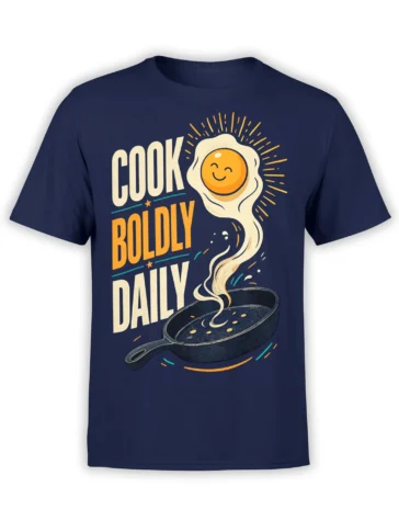 Navy cooking T-shirt with smiling fried egg, steaming skillet, and “Cook Boldly Daily” retro design