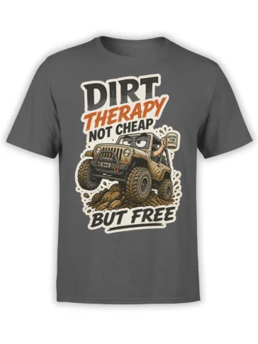 Gray T-shirt with vintage off-road vehicle climbing rocks and a sarcastic dirt therapy graphic