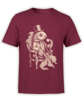 Burgundy T-shirt with a vintage dapper fish in a top hat, suit, armchair, and teacup