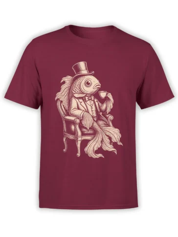 Burgundy T-shirt with a vintage dapper fish in a top hat, suit, armchair, and teacup