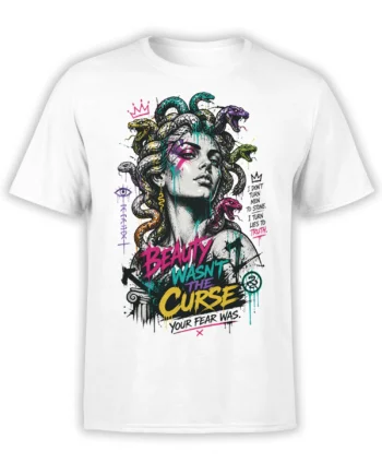 White fantasy T-shirt with a snake-haired woman, colorful paint details, and a truth-over-fear message