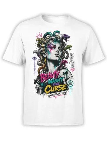 White fantasy T-shirt with a snake-haired woman, colorful paint details, and a truth-over-fear message