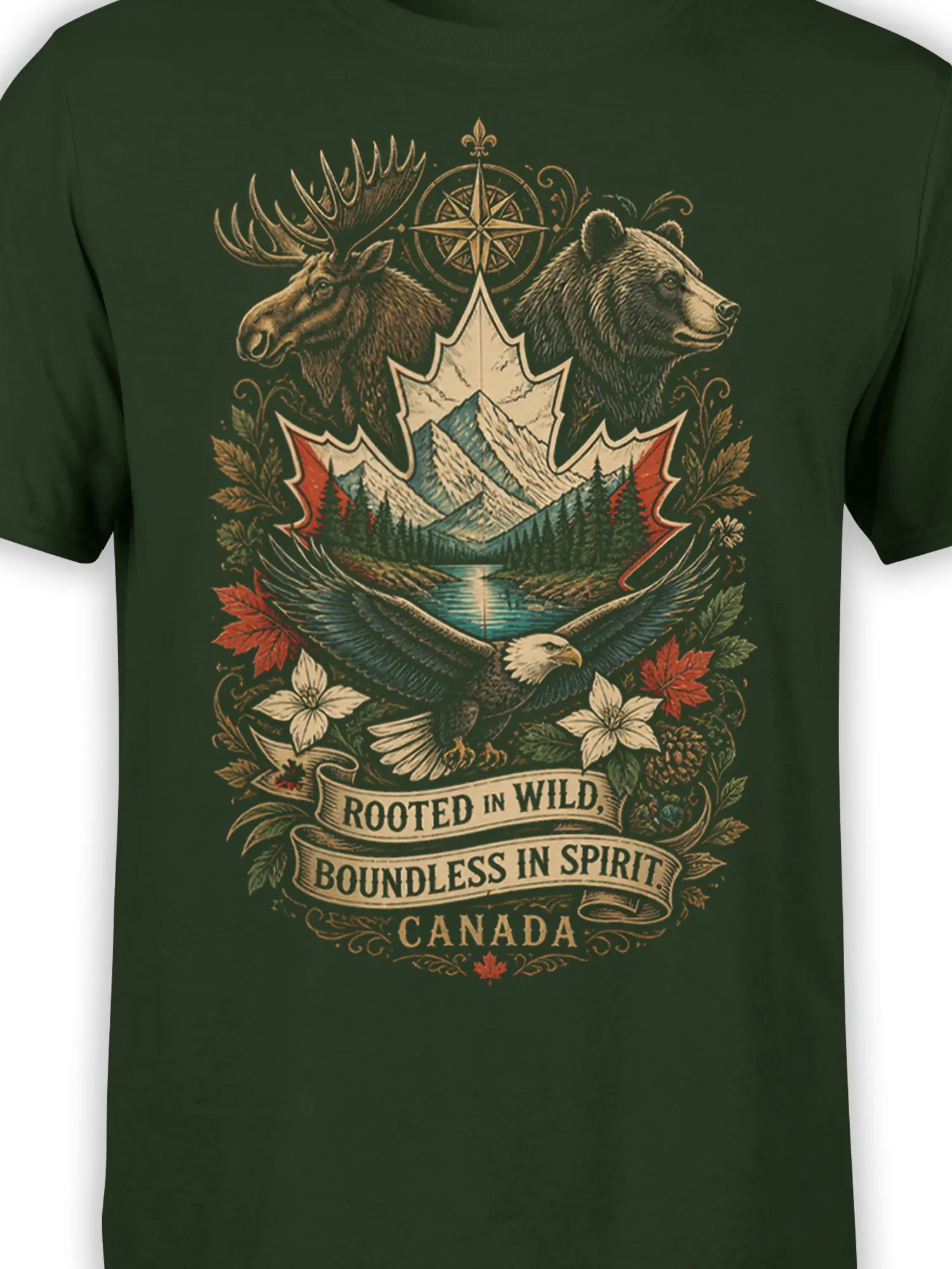 Close-up of green shirt print with moose, bear, eagle, mountain landscape, compass, and Canada banners