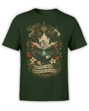 Green Canada T-shirt with vintage moose, bear, eagle, mountain lake, compass, and maple leaf artwork