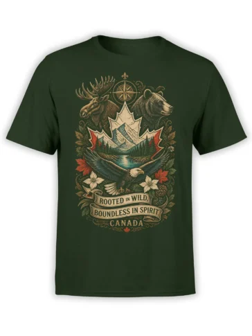 Green Canada T-shirt with vintage moose, bear, eagle, mountain lake, compass, and maple leaf artwork