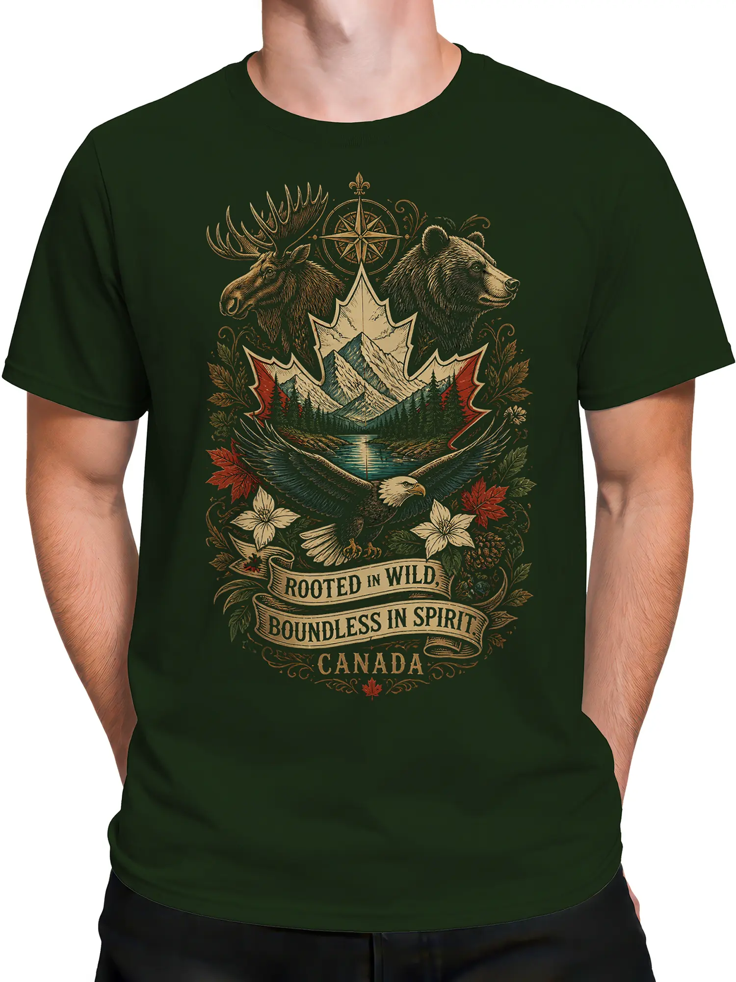 Male torso wearing a green Canadian wildlife T-shirt with moose, bear, eagle, and mountain artwork