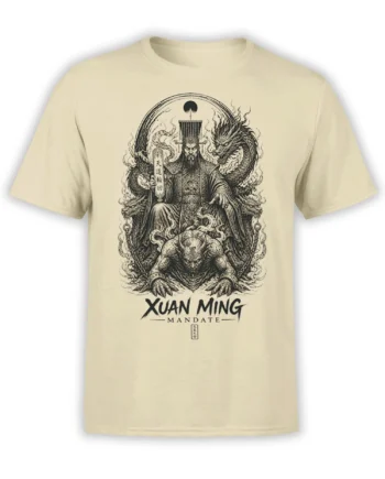 Beige T-shirt with Xuan Ming ruler, curling dragons, guardian creature, and bold Mandate artwork