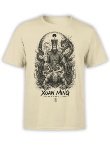 Beige T-shirt with Xuan Ming ruler, curling dragons, guardian creature, and bold Mandate artwork