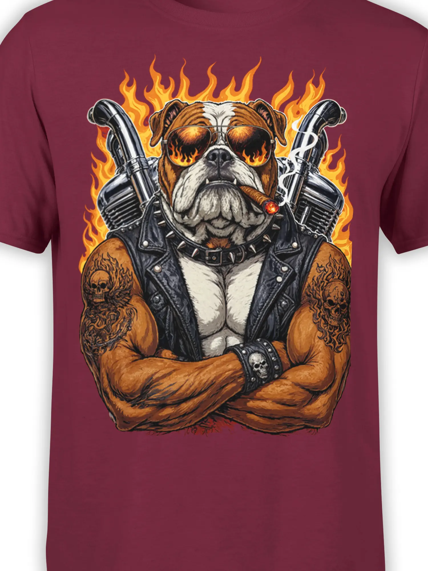 Close-up of bulldog biker artwork with fiery sunglasses, cigar, skull wristband, and leather vest