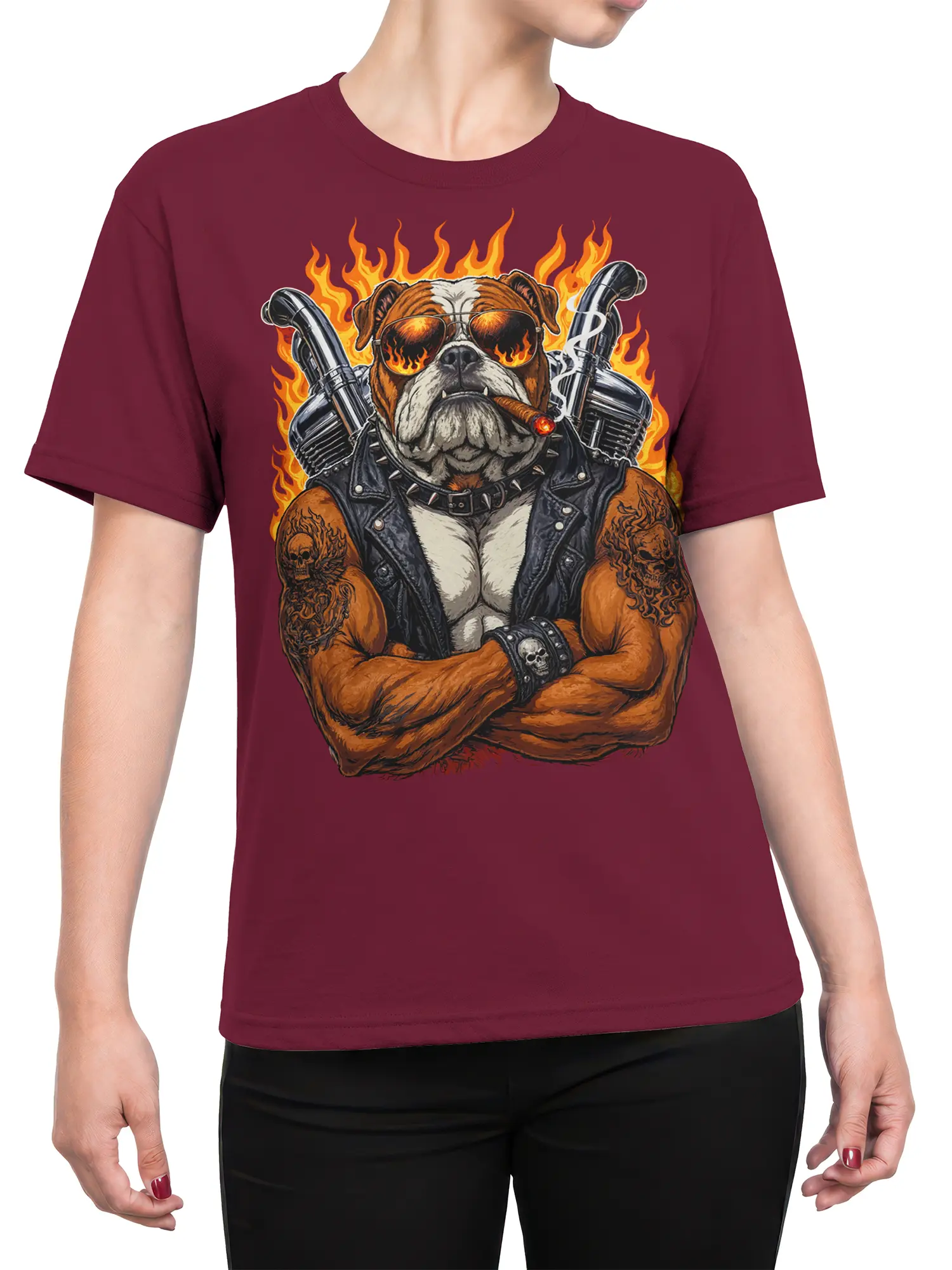 Female torso wearing a burgundy T-shirt with a bold bulldog biker graphic and bright flames